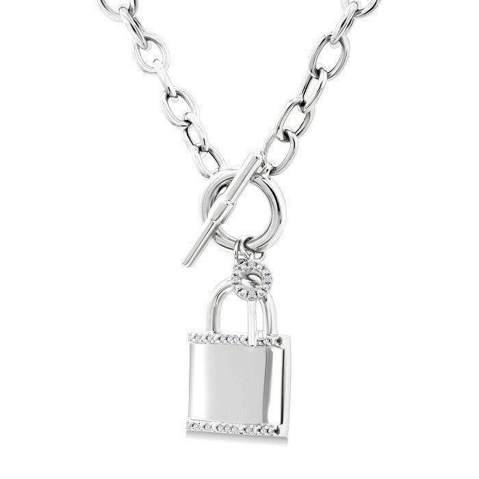 1/10 Ctw Lock & Key Toggle Round Cut Diamond Fashion Necklace in Sterling Silver