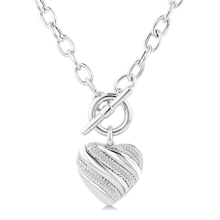1/10 Ctw Round Cut Diamond Swirl Design Heart Toggle Fashion Necklace in Sterling Silver