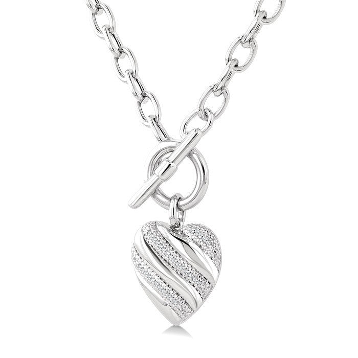 1/10 Ctw Round Cut Diamond Swirl Design Heart Toggle Fashion Necklace in Sterling Silver