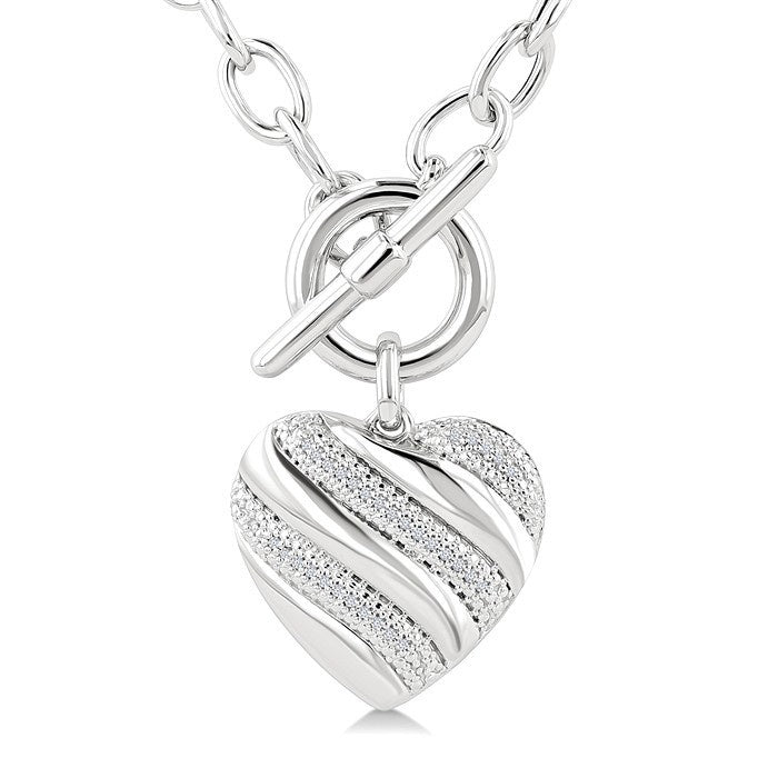 1/10 Ctw Round Cut Diamond Swirl Design Heart Toggle Fashion Necklace in Sterling Silver