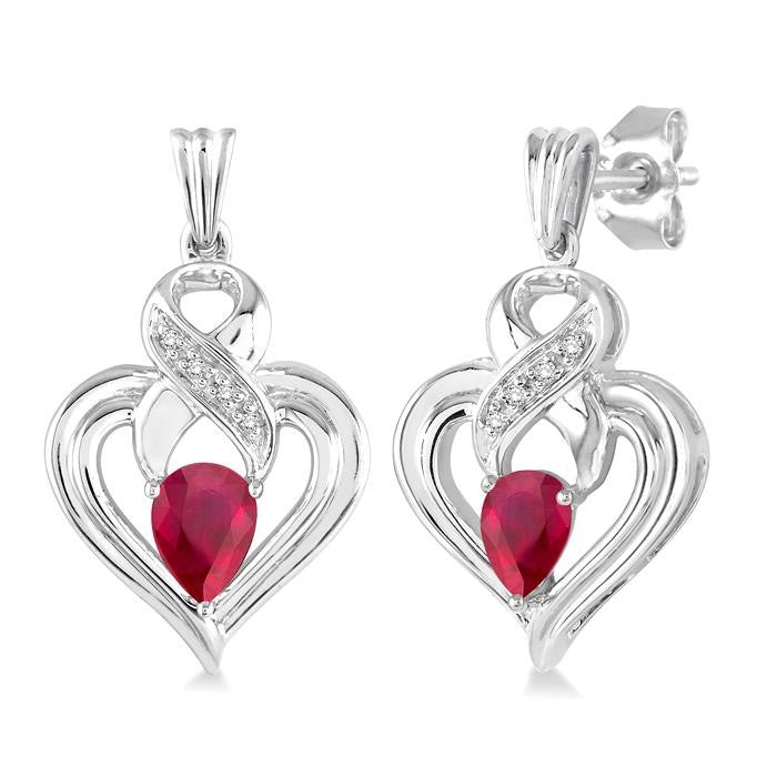 5x3 MM Pear Shape Ruby and 1/50 Ctw Round Cut Diamond Earrings in Sterling Silver