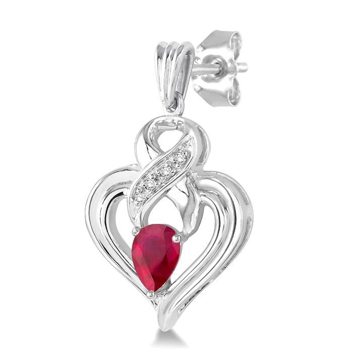 5x3 MM Pear Shape Ruby and 1/50 Ctw Round Cut Diamond Earrings in Sterling Silver