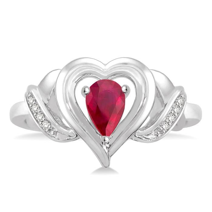 6x4 MM Pear Shape Ruby and 1/50 Ctw Round Cut Diamond Ring in Sterling Silver