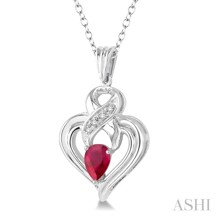 6x4 MM Pear Shape Ruby and 1/50 Ctw Round Cut Diamond Pendant in Sterling Silver with Chain