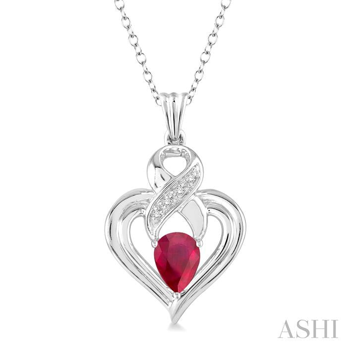 6x4 MM Pear Shape Ruby and 1/50 Ctw Round Cut Diamond Pendant in Sterling Silver with Chain