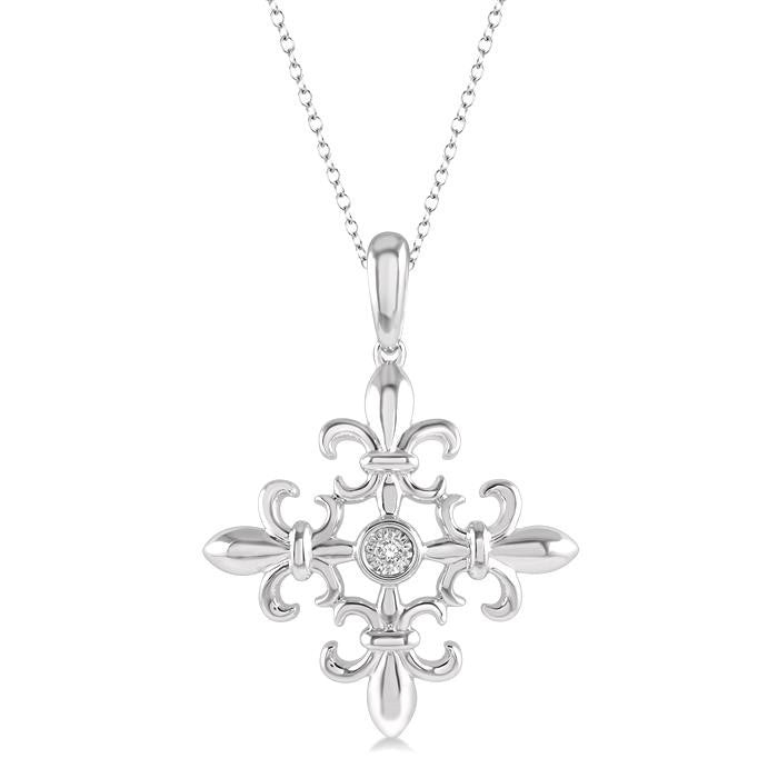 1/50 Ctw Fleur De Lis Round Cut Diamond Pendant With Chain in Sterling Silver