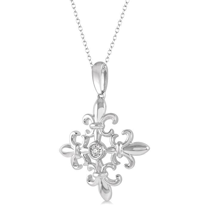 1/50 Ctw Fleur De Lis Round Cut Diamond Pendant With Chain in Sterling Silver