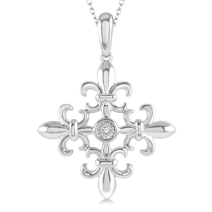 1/50 Ctw Fleur De Lis Round Cut Diamond Pendant With Chain in Sterling Silver