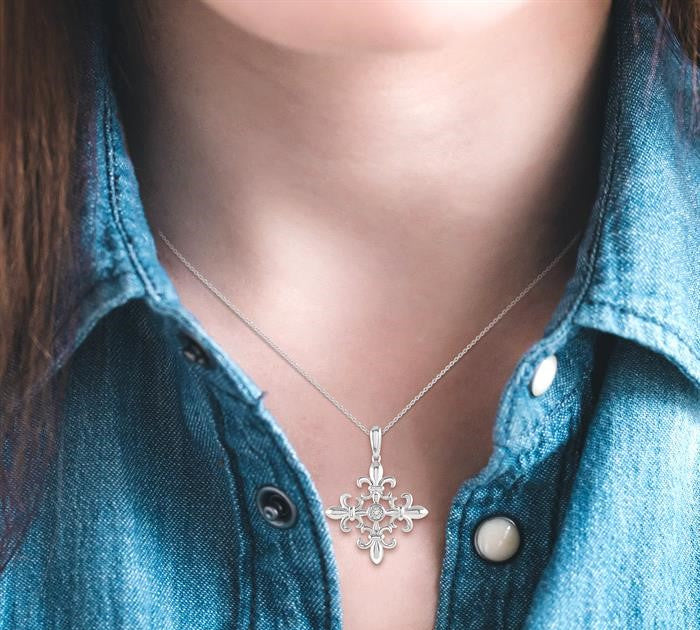 1/50 Ctw Fleur De Lis Round Cut Diamond Pendant With Chain in Sterling Silver
