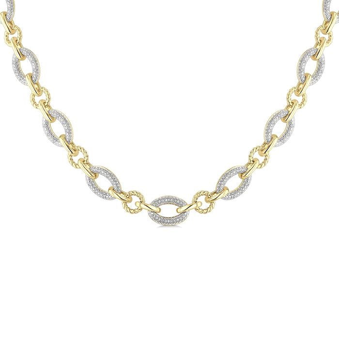 1/4 Ctw Oval Shaped Open Window Link Round Cut Diamond Necklace in Yellow Gold Vermeil