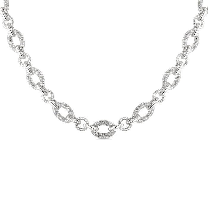 Silver Bold Oval Rope Link Diamond Necklace