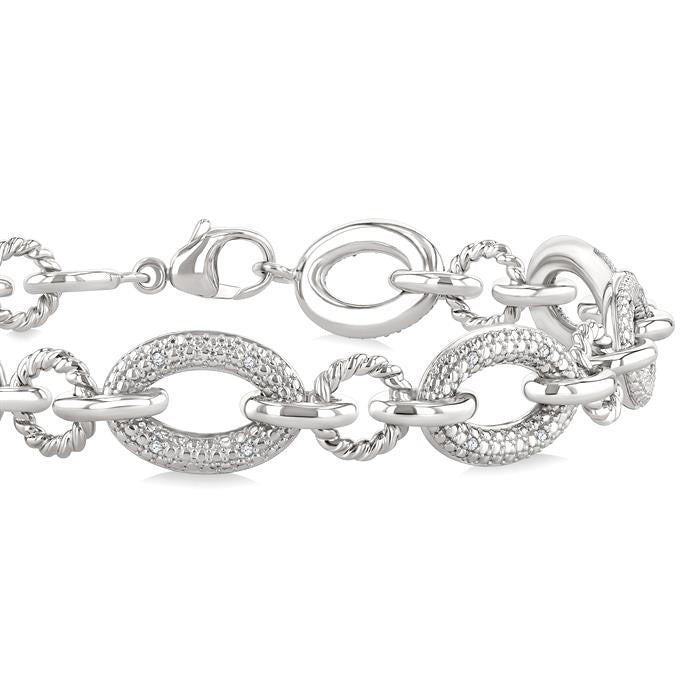 1/10 Ctw Round Cut Diamond Bold Oval Shape Rope Link Bracelet in Sterling Silver