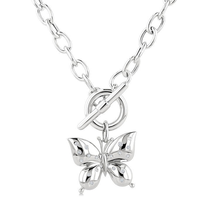 1/10 Ctw Round Cut Diamond Butterfly Mosaic Fashion Toggle Necklace in Sterling Silver
