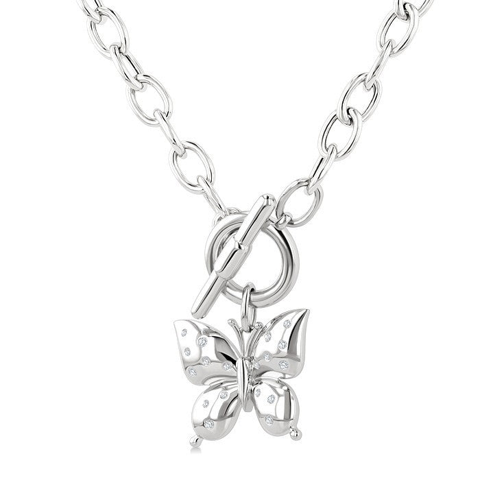 1/10 Ctw Round Cut Diamond Butterfly Mosaic Fashion Toggle Necklace in Sterling Silver