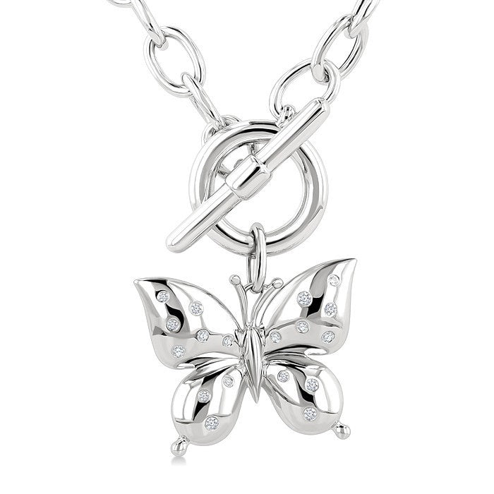 1/10 Ctw Round Cut Diamond Butterfly Mosaic Fashion Toggle Necklace in Sterling Silver