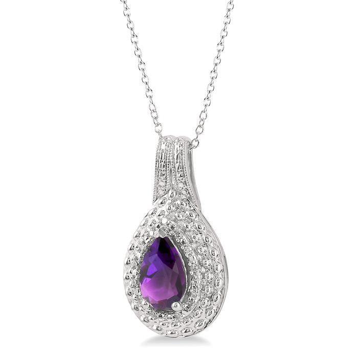 9x6 MM Pear Cut Amethyst and 1/20 Ctw Round Cut Diamond Semi-Precious Pendant With Chain in Sterling Silver