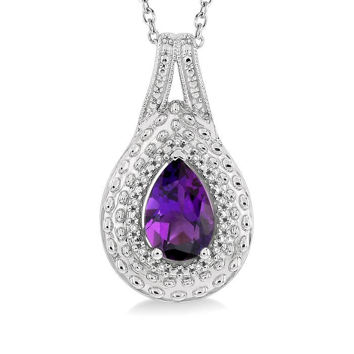 9x6 MM Pear Cut Amethyst and 1/20 Ctw Round Cut Diamond Semi-Precious Pendant With Chain in Sterling Silver