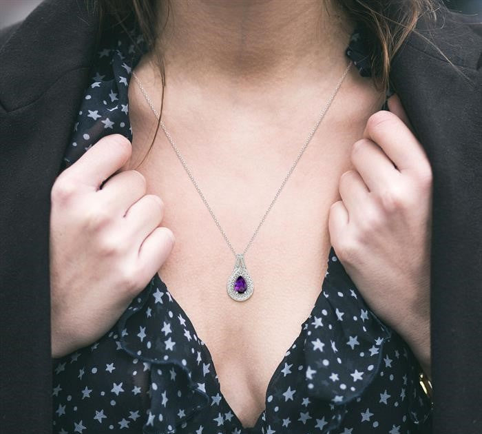 9x6 MM Pear Cut Amethyst and 1/20 Ctw Round Cut Diamond Semi-Precious Pendant With Chain in Sterling Silver