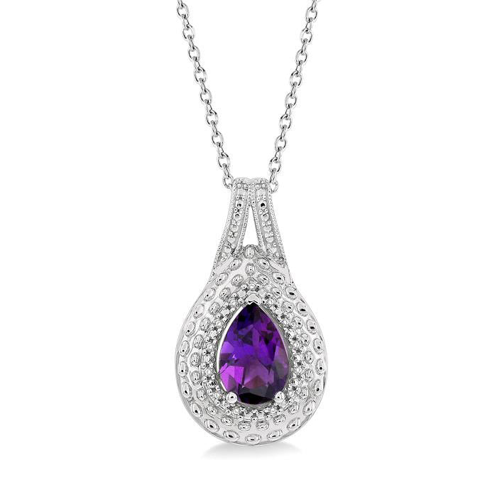 9x6 MM Pear Cut Amethyst and 1/20 Ctw Round Cut Diamond Semi-Precious Pendant With Chain in Sterling Silver