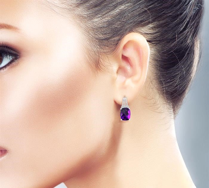 9x7 MM Cushion Shape Amethyst and 1/50 Ctw Looped Round Cut Diamond Semi-Precious Earrings in Sterling Silver