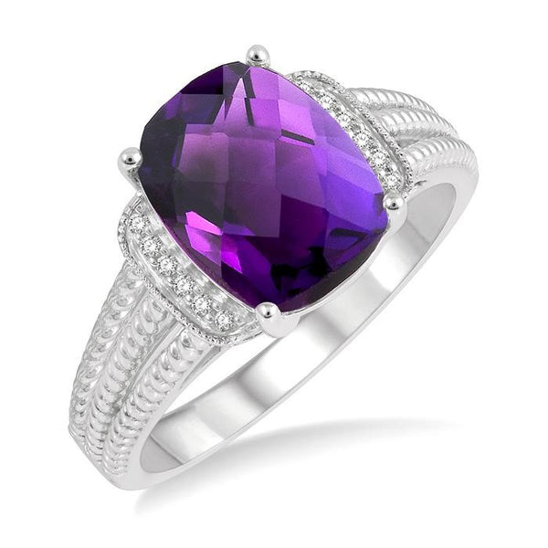 10x8 MM Cushion Shape Amethyst and 1/20 Ctw Round Cut Diamond Semi-Precious Ring in Sterling Silver