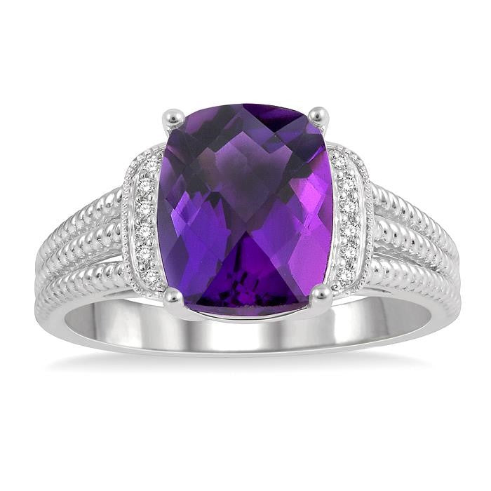 10x8 MM Cushion Shape Amethyst and 1/20 Ctw Round Cut Diamond Semi-Precious Ring in Sterling Silver