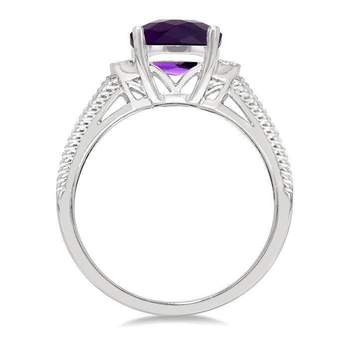 10x8 MM Cushion Shape Amethyst and 1/20 Ctw Round Cut Diamond Semi-Precious Ring in Sterling Silver