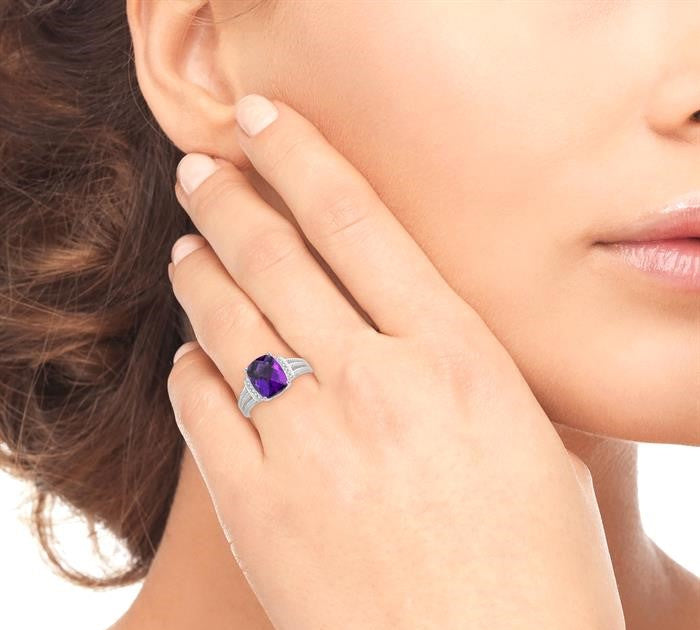 10x8 MM Cushion Shape Amethyst and 1/20 Ctw Round Cut Diamond Semi-Precious Ring in Sterling Silver