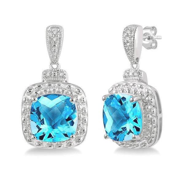8x8 MM Cushion Shape Blue Topaz and 1/50 Ctw Round Cut Diamond Semi-Precious Earrings in Sterling Silver