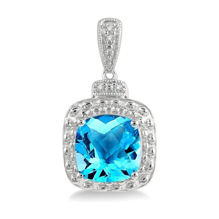 8x8 MM Cushion Shape Blue Topaz and 1/50 Ctw Round Cut Diamond Semi-Precious Earrings in Sterling Silver