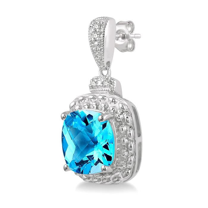 8x8 MM Cushion Shape Blue Topaz and 1/50 Ctw Round Cut Diamond Semi-Precious Earrings in Sterling Silver