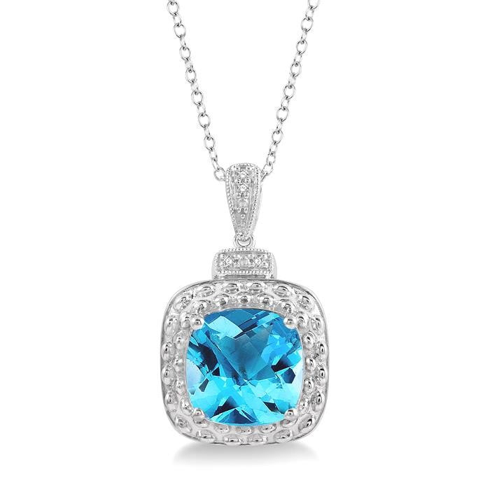 10x10 MM Cushion Shape Blue Topaz and 1/50 Ctw Round Cut Diamond Semi-Precious Pendant With Chain in Sterling Silver