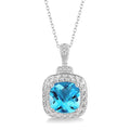 10x10 MM Cushion Shape Blue Topaz and 1/50 Ctw Round Cut Diamond Semi-Precious Pendant With Chain in Sterling Silver