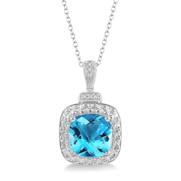 10x10 MM Cushion Shape Blue Topaz and 1/50 Ctw Round Cut Diamond Semi-Precious Pendant With Chain in Sterling Silver