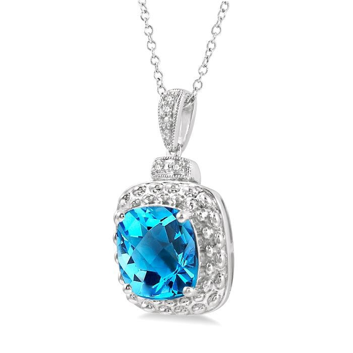 10x10 MM Cushion Shape Blue Topaz and 1/50 Ctw Round Cut Diamond Semi-Precious Pendant With Chain in Sterling Silver