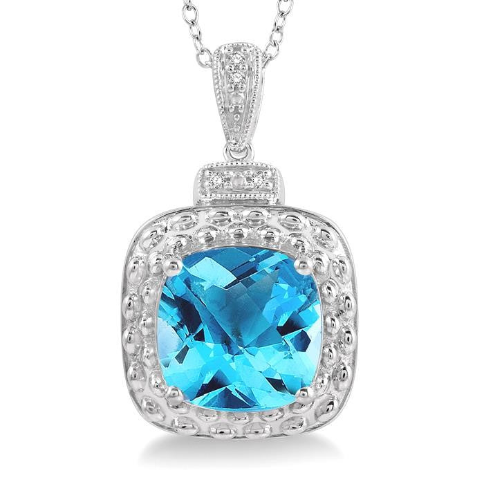 10x10 MM Cushion Shape Blue Topaz and 1/50 Ctw Round Cut Diamond Semi-Precious Pendant With Chain in Sterling Silver