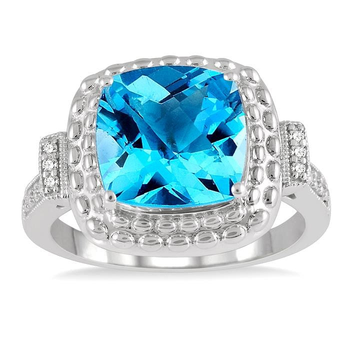 10x10 MM Cushion Shape Blue Topaz and 1/50 Ctw Round Cut Diamond Semi-Precious Ring in Sterling Silver