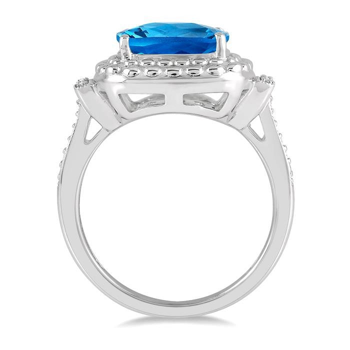 10x10 MM Cushion Shape Blue Topaz and 1/50 Ctw Round Cut Diamond Semi-Precious Ring in Sterling Silver