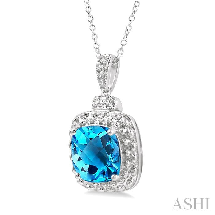 10x10 MM Cushion Shape Blue Topaz and 1/50 Ctw Round Cut Diamond Semi-Precious Pendant With Chain in Sterling Silver