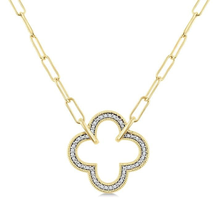 1/10 Ctw Clover Frame Round Cut Diamond Fashion Pendant With Paperclip Chain in Yellow Gold Vermeil