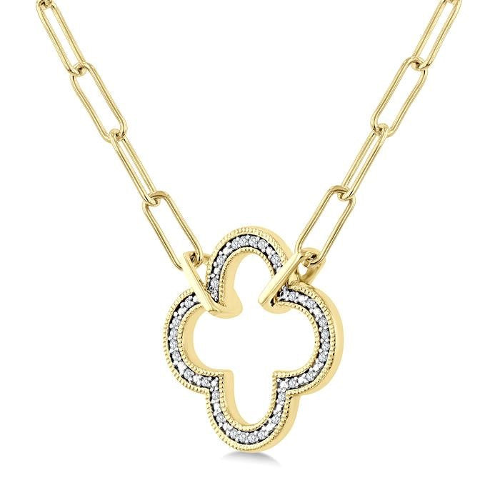 1/10 Ctw Clover Frame Round Cut Diamond Fashion Pendant With Paperclip Chain in Yellow Gold Vermeil