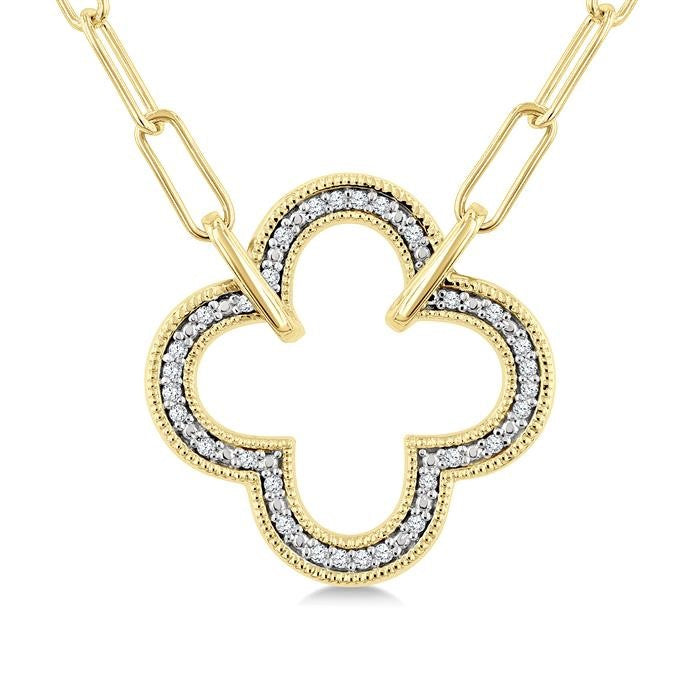 1/10 Ctw Clover Frame Round Cut Diamond Fashion Pendant With Paperclip Chain in Yellow Gold Vermeil