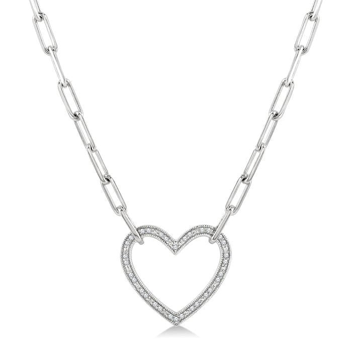 1/10 Ctw Round Cut Diamond Heart Pendant With Paperclip Chain in Sterling Silver