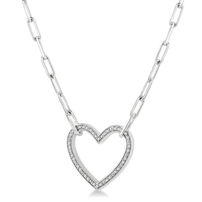 1/10 Ctw Round Cut Diamond Heart Pendant With Paperclip Chain in Sterling Silver