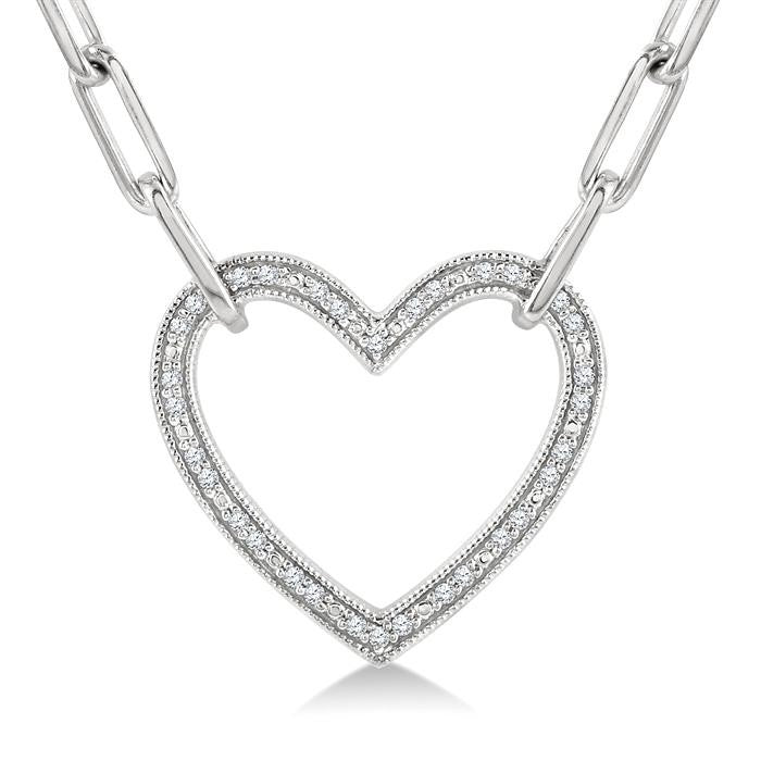 1/10 Ctw Round Cut Diamond Heart Pendant With Paperclip Chain in Sterling Silver
