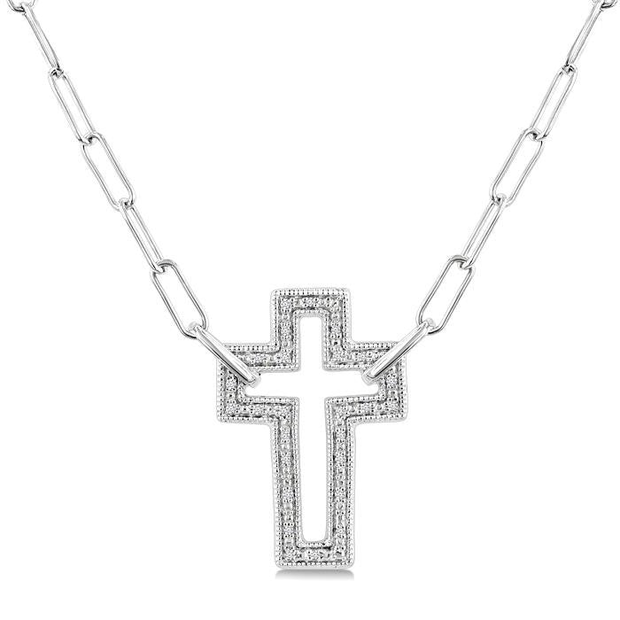 1/10 Ctw Round Cut Diamond Cross Pendant With Paperclip Chain in Sterling Silver