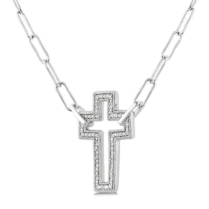 1/10 Ctw Round Cut Diamond Cross Pendant With Paperclip Chain in Sterling Silver