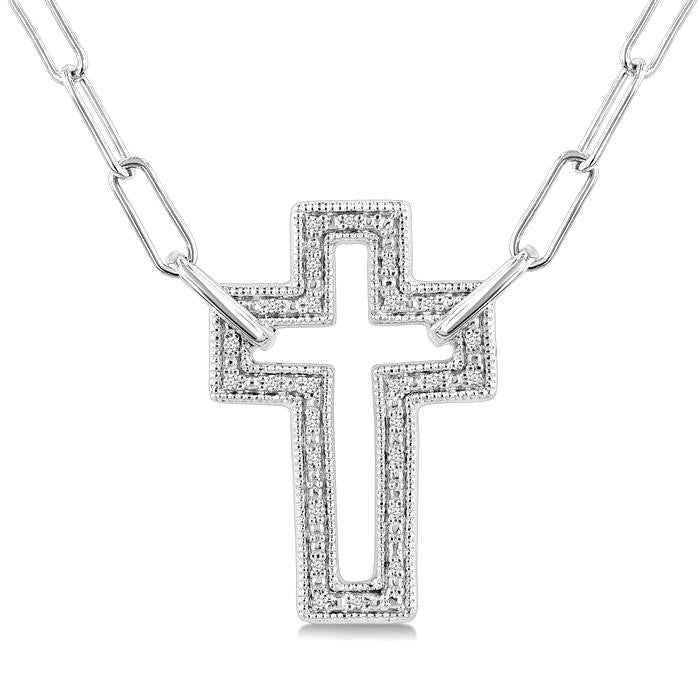 1/10 Ctw Round Cut Diamond Cross Pendant With Paperclip Chain in Sterling Silver