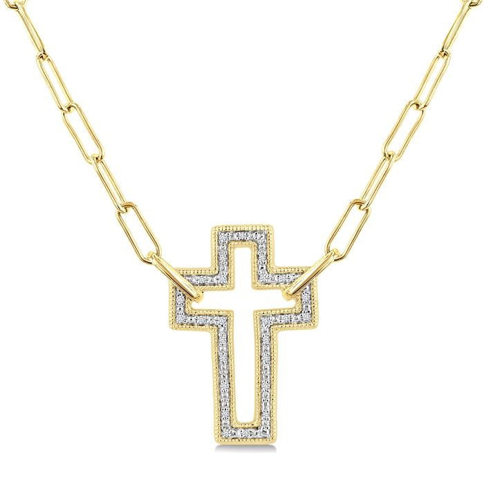 1/10 Ctw Round Cut Diamond Cross Pendant With Paperclip Chain in Yellow Gold Vermeil