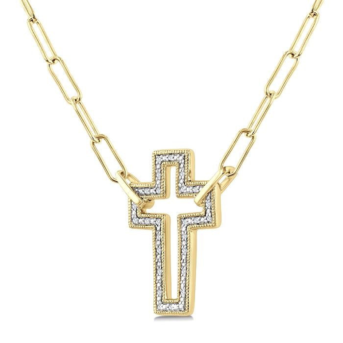 1/10 Ctw Round Cut Diamond Cross Pendant With Paperclip Chain in Yellow Gold Vermeil